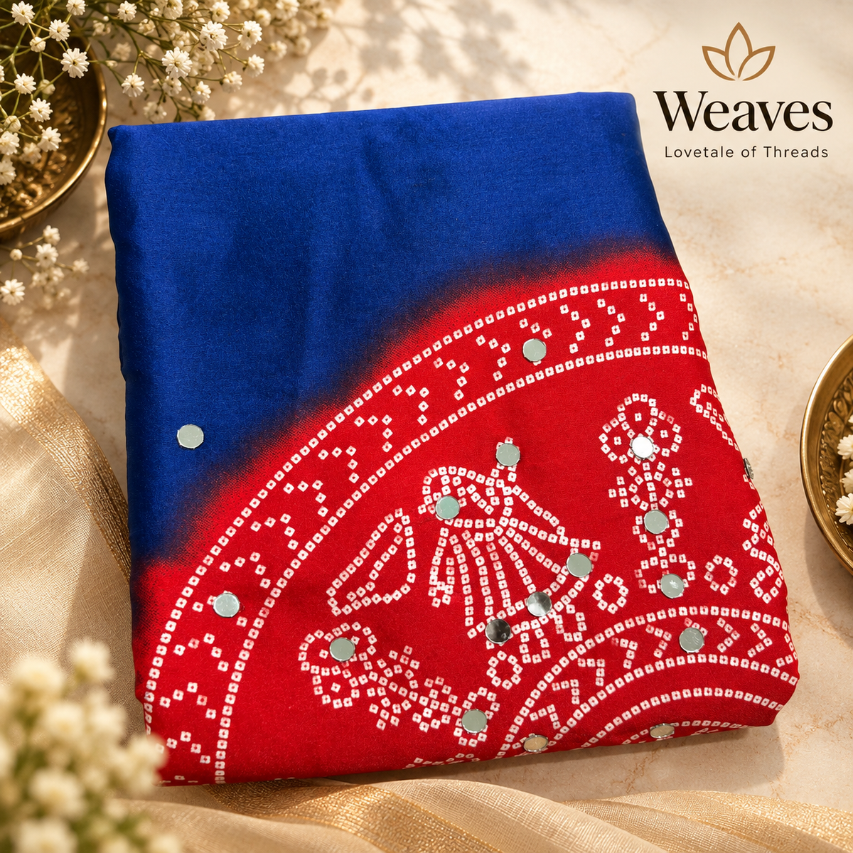 Royal blue semi modal silk saree with detailed red printed pallu and dot accents