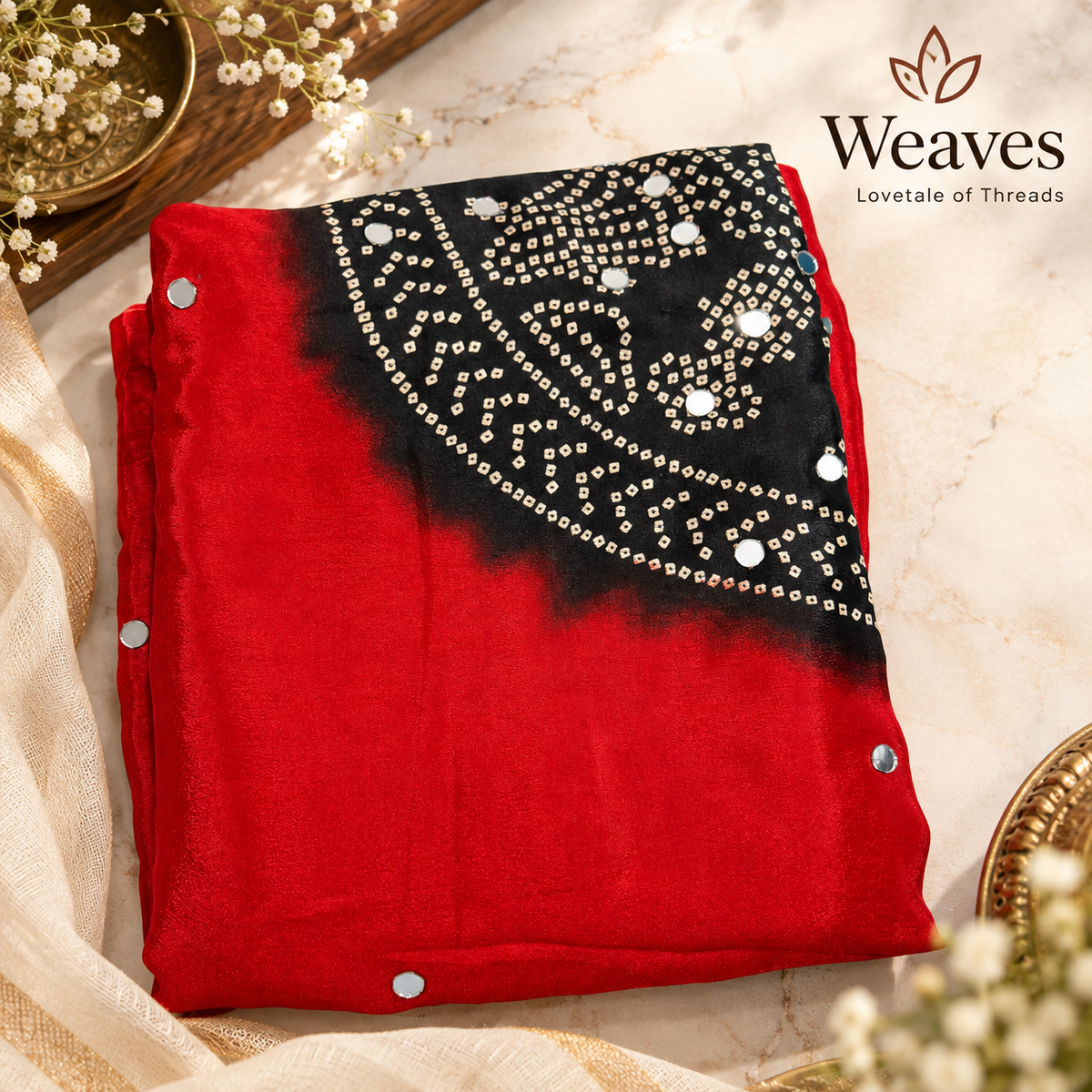 Red semi modal silk saree with black printed pallu and white motifs