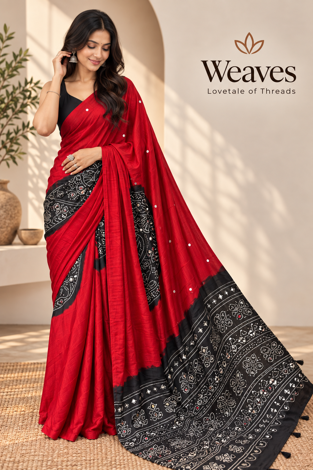 Model wearing a red semi modal silk saree with black printed pallu and border