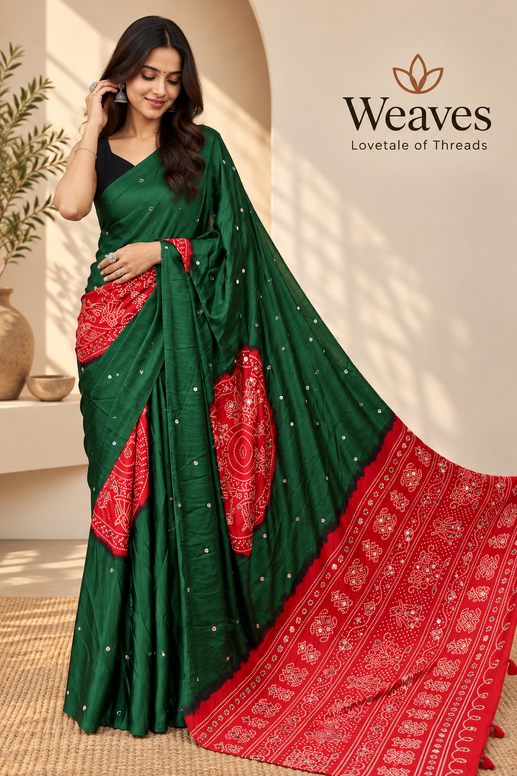 Model wearing an emerald green semi modal silk saree with red printed pallu
