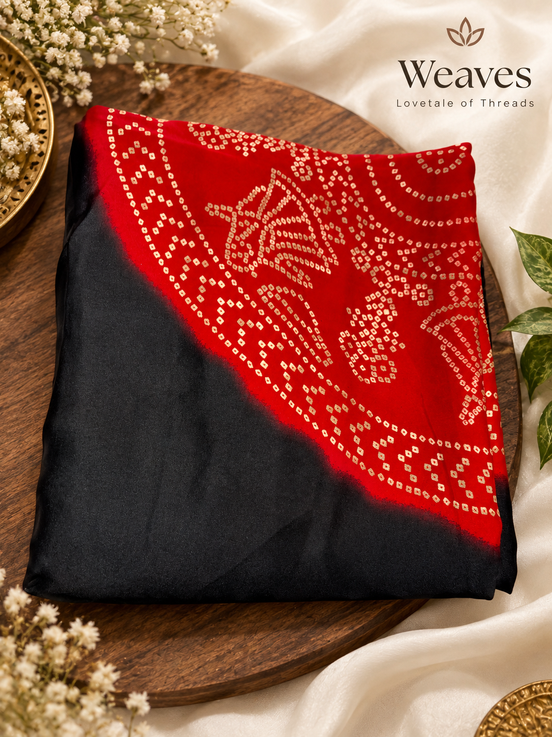 Black semi modal silk saree with vivid red printed pallu and white motifs