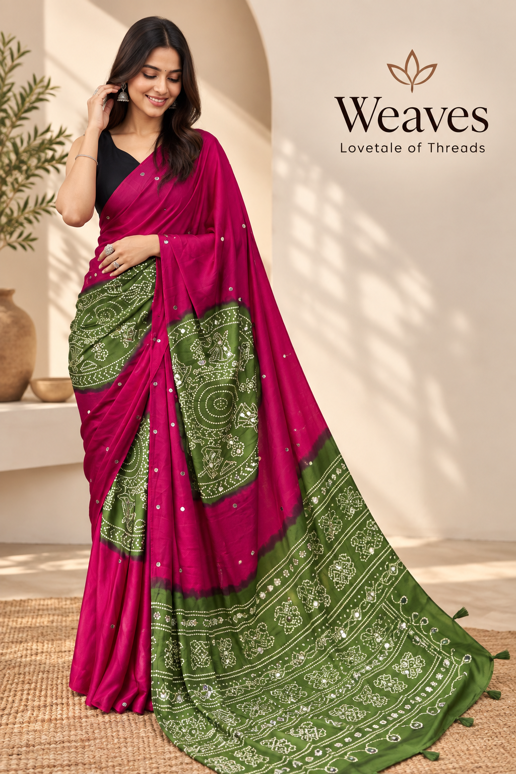 Model wearing a magenta semi modal silk saree with green printed pallu and border