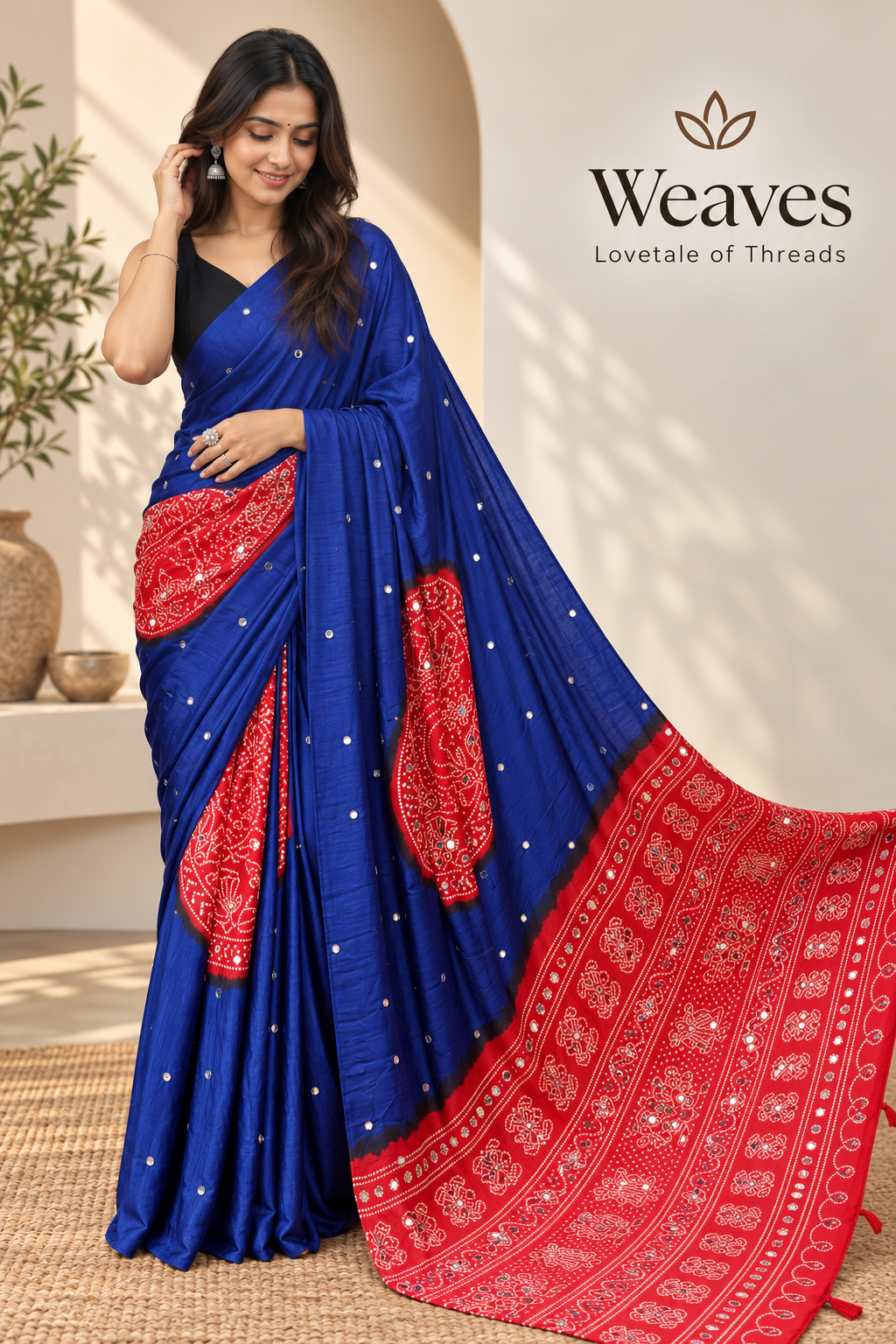 Model wearing a royal blue semi modal silk saree with red printed pallu and border