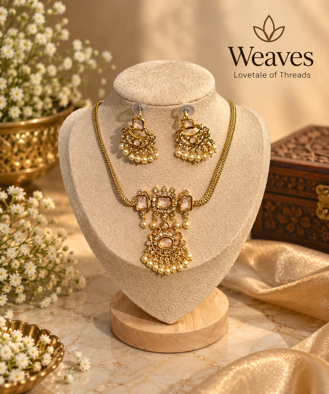 Gold-tone necklace with statement pendant and matching jhumka earrings on a display bust