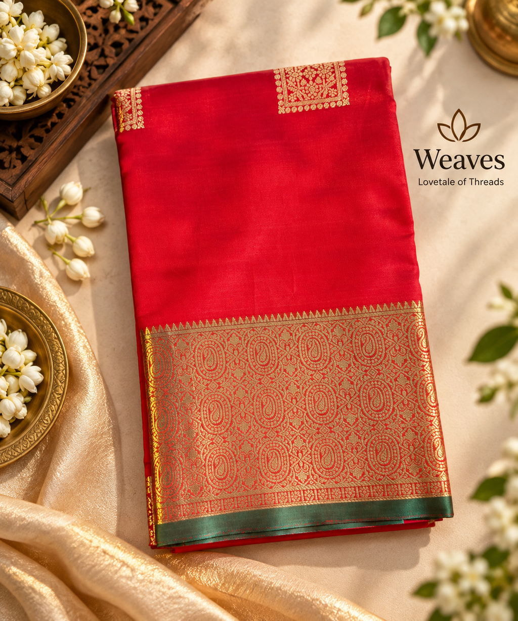 Red and green semi soft silk saree with intricate woven border and decorative motifs
