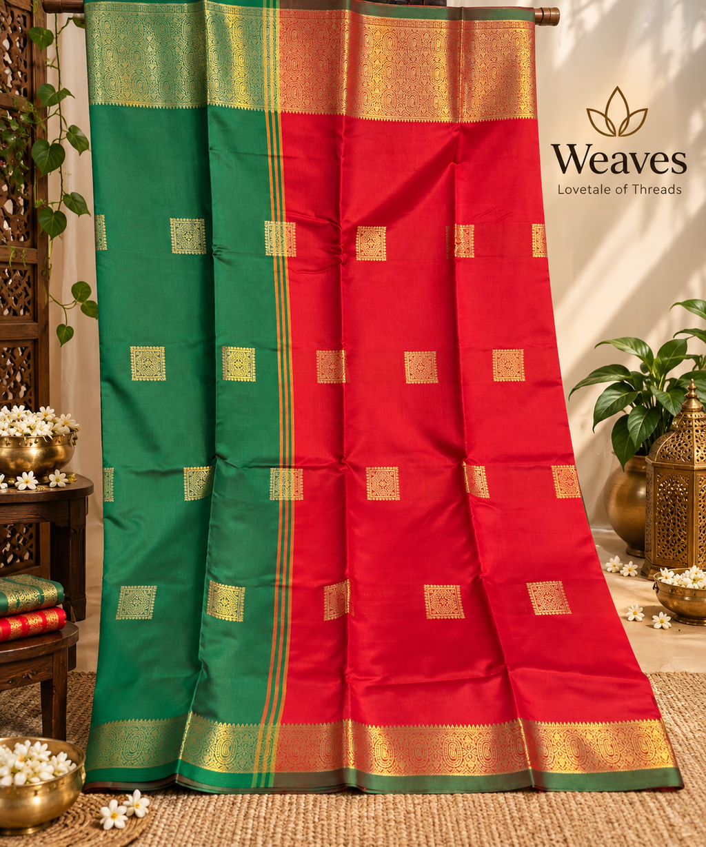 Red and green semi soft silk saree displayed open with woven border and decorative motifs