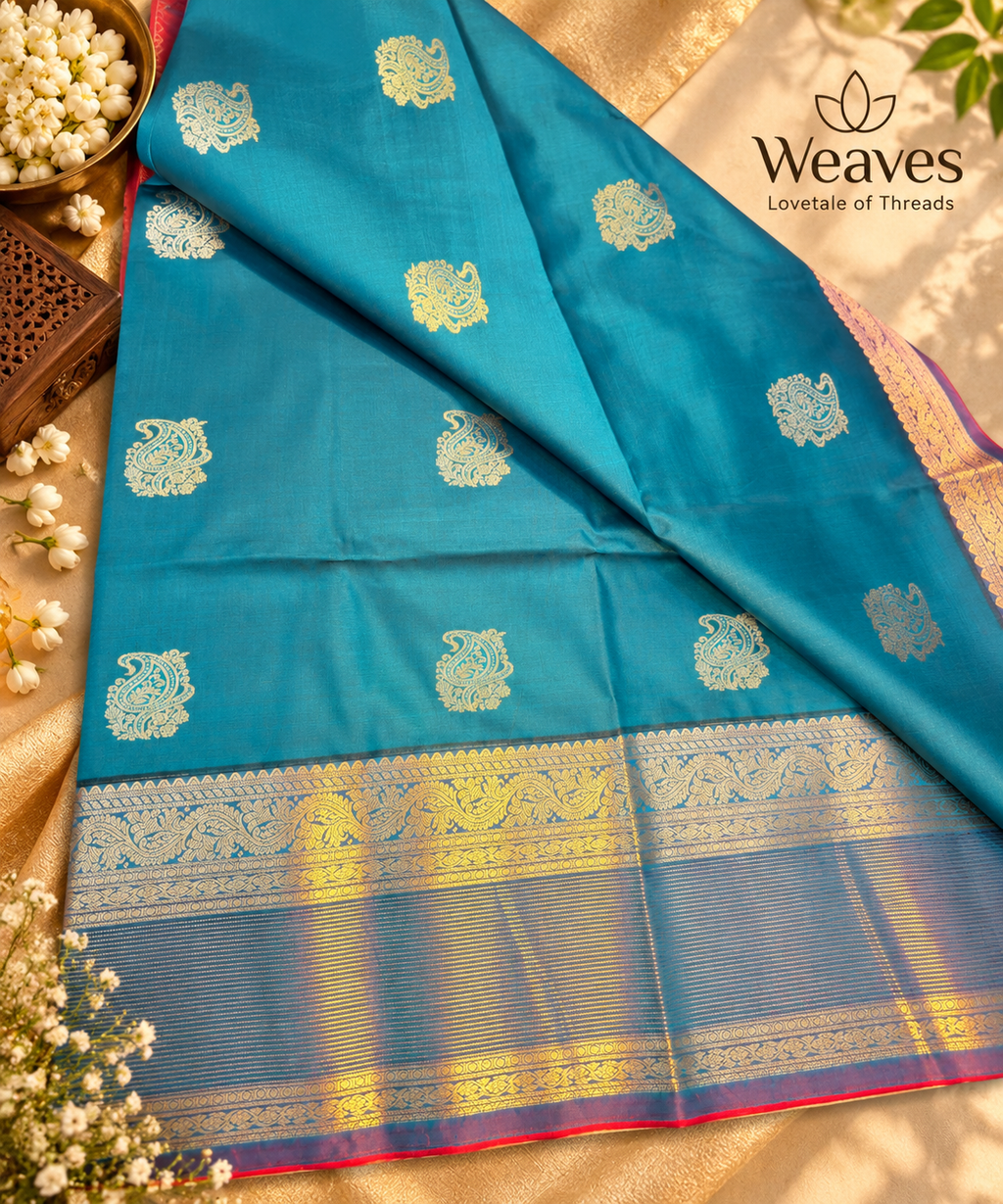 Folded teal Kanchipuram saree with coral pallu and tassel detailing