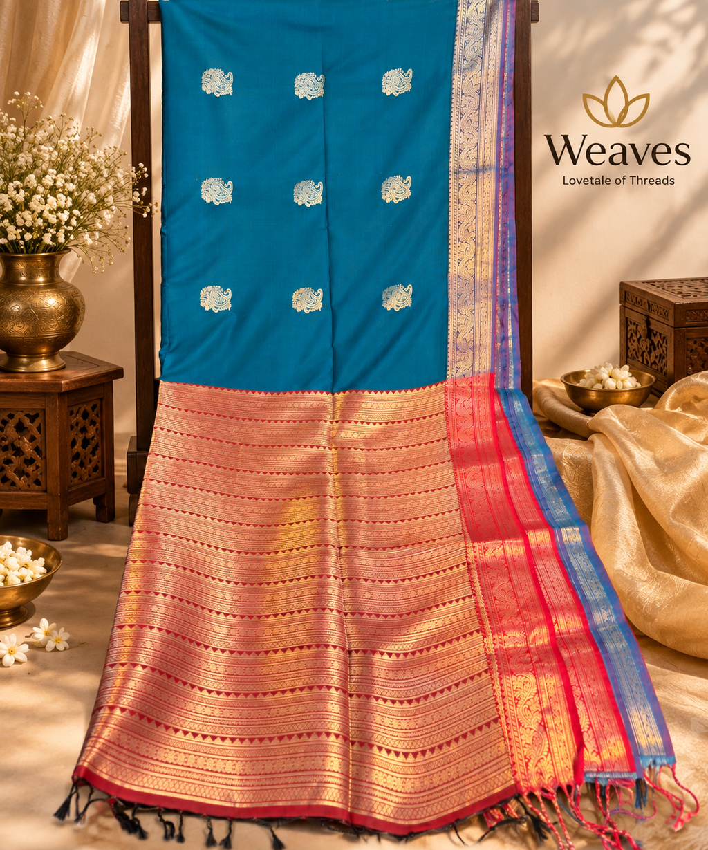 Teal semi soft silk saree with paisley motifs and detailed metallic-look border