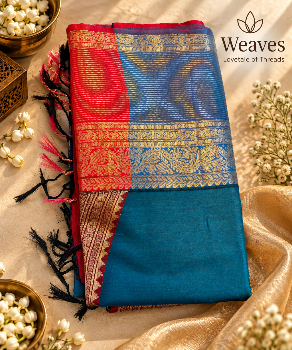Teal Kanchipuram semi soft silk saree with paisley motifs and coral border