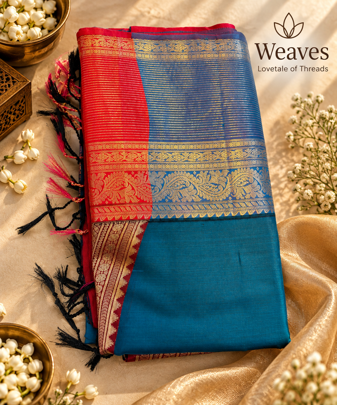 Teal Kanchipuram semi soft silk saree with paisley motifs and coral border