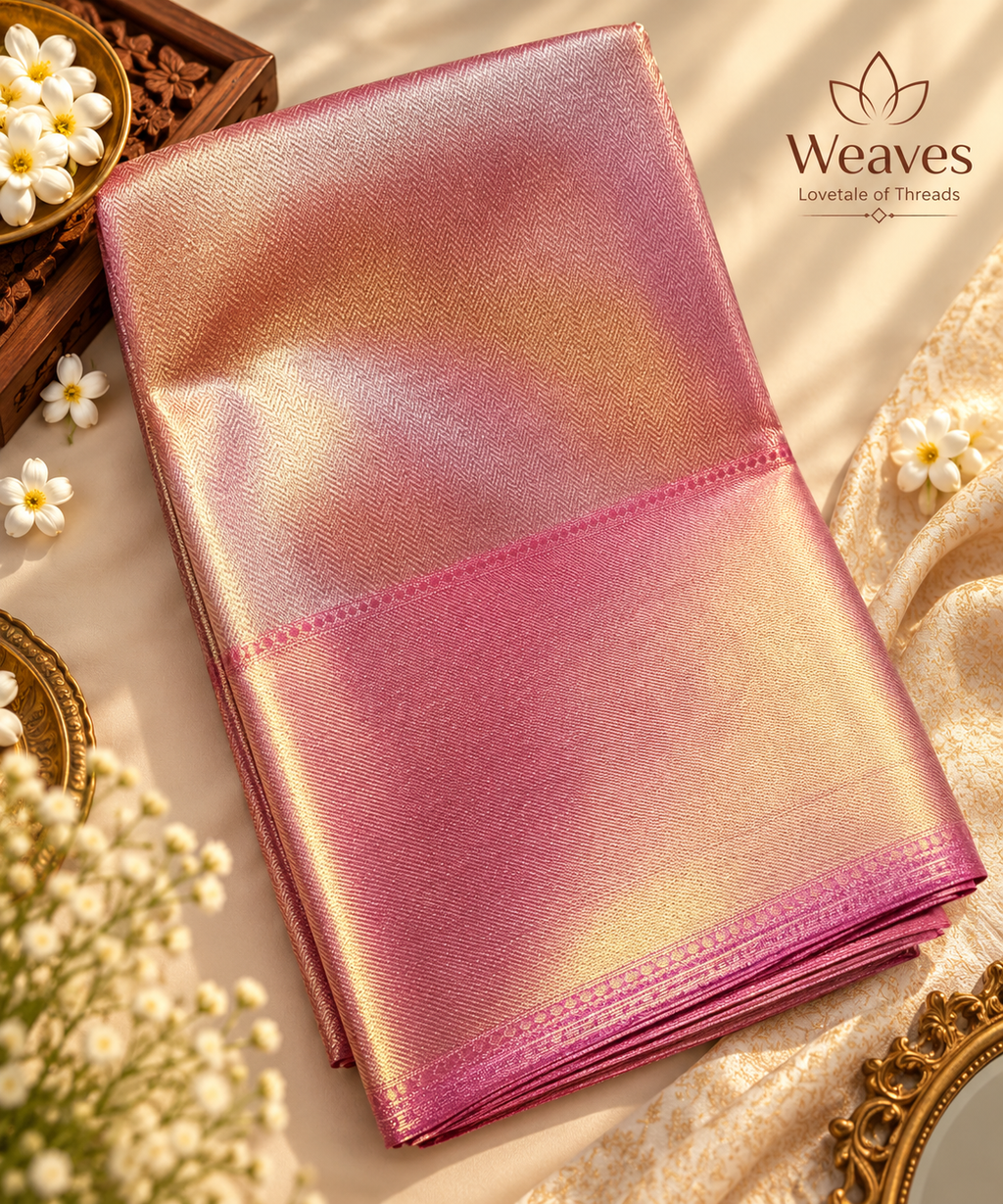 Folded dual-tone gold and pastel pink semi tissue silk saree with luminous sheen