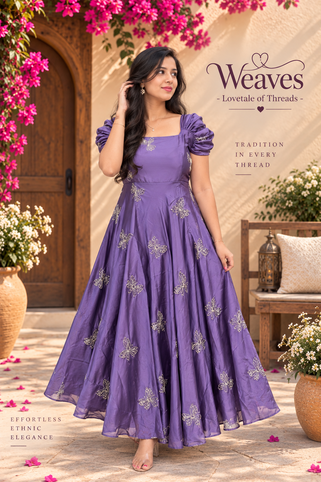 Lavender sparrow embroidered flared kurti dress with sparrow embroidery detail