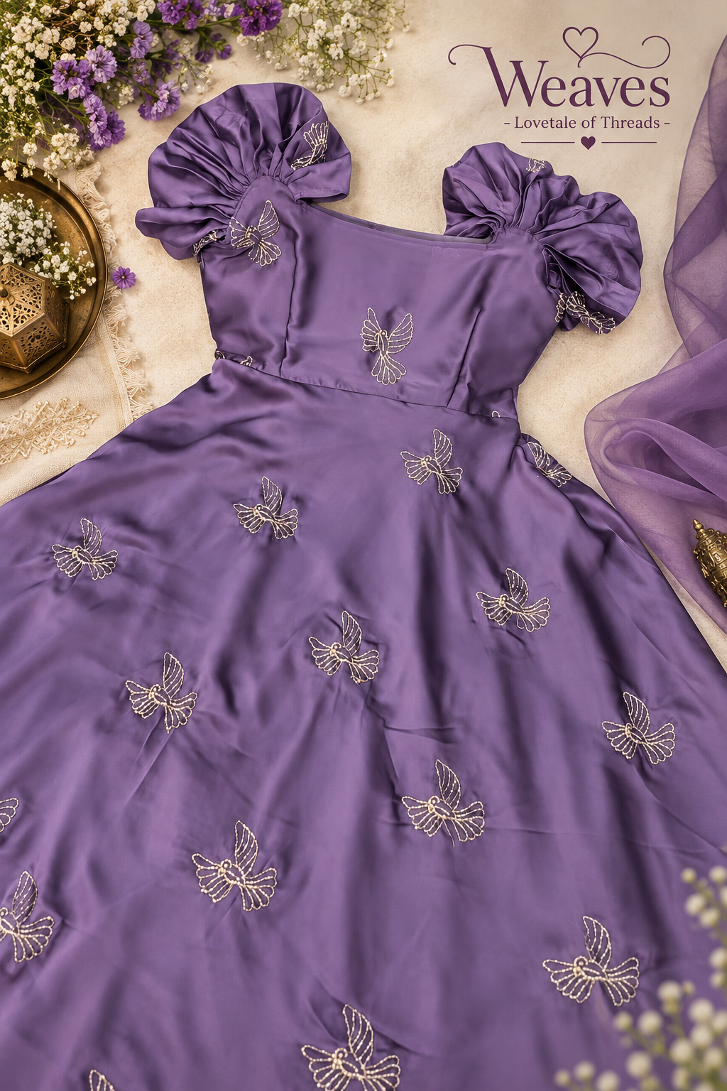 Lavender sparrow embroidered flared kurti dress on model