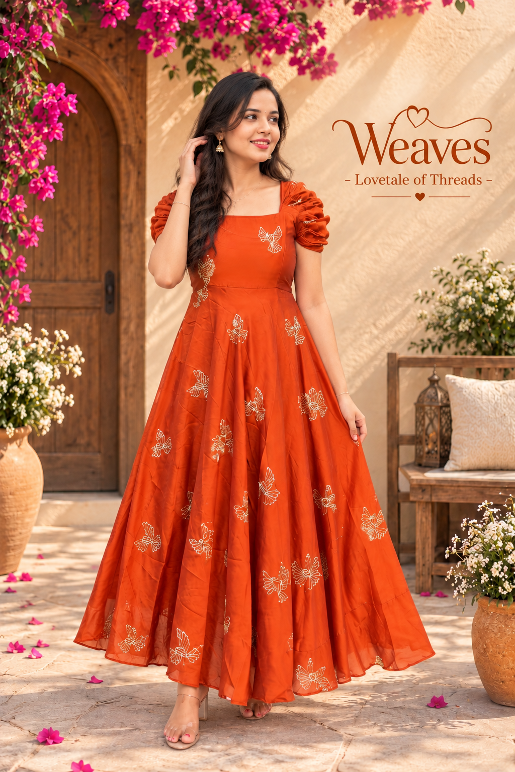 Orange sparrow embroidered flared kurti dress with sparrow embroidery detail