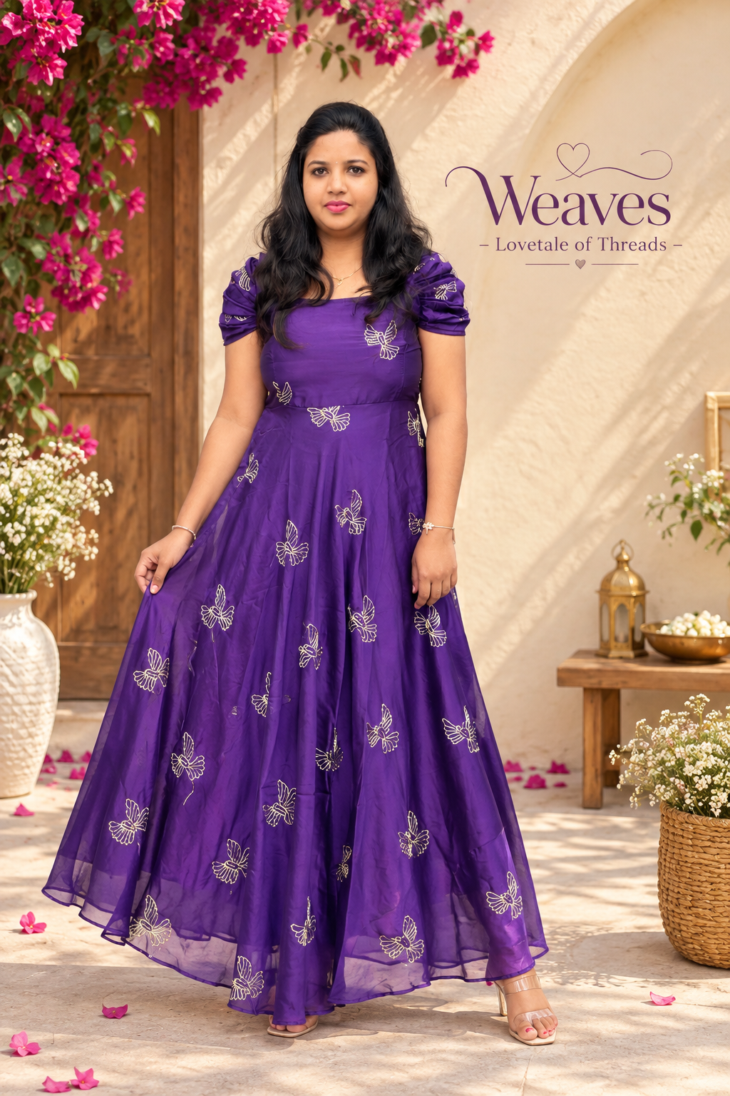 Purple sparrow embroidered flared kurti dress with sparrow embroidery detail