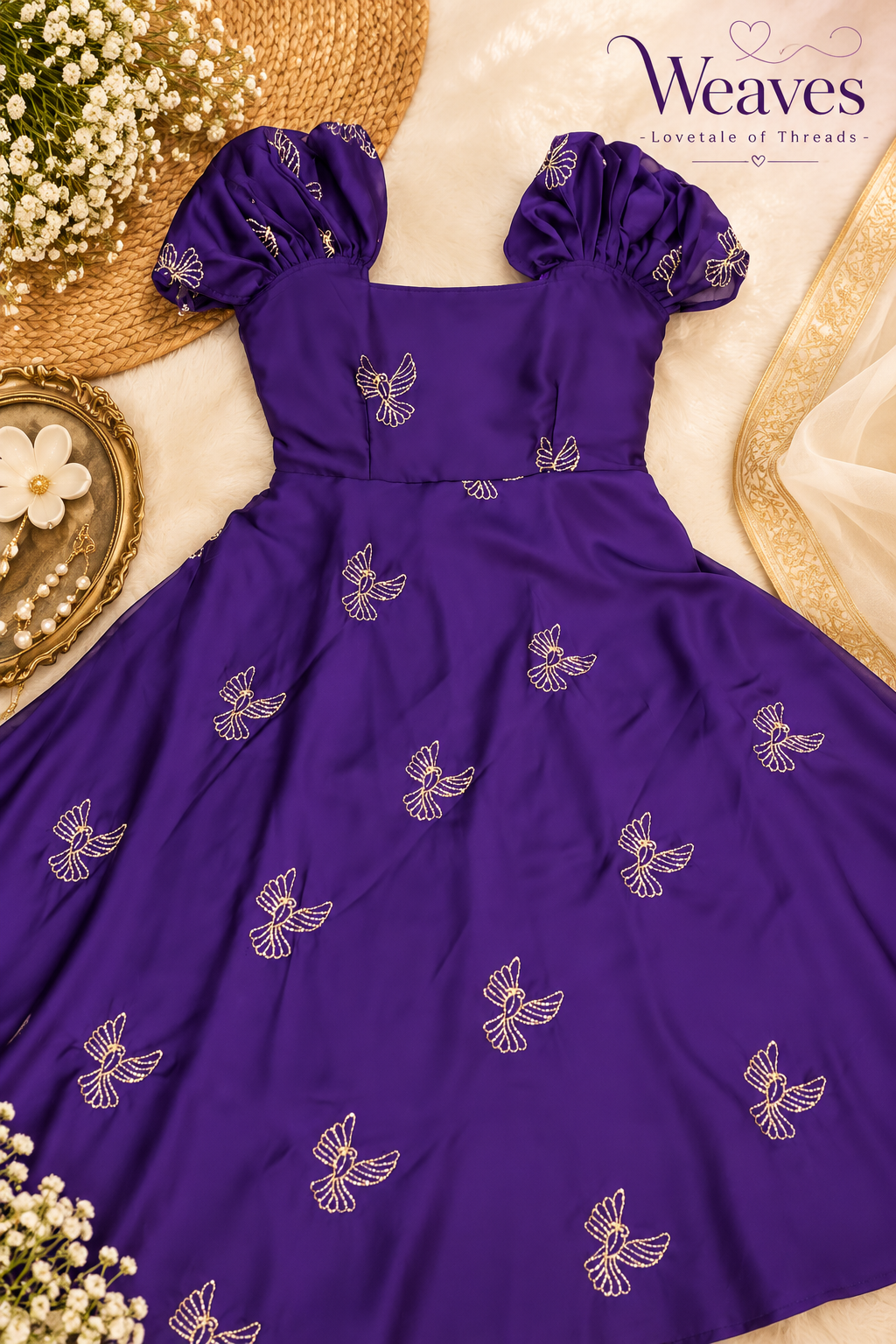 Purple sparrow embroidered flared kurti dress on model