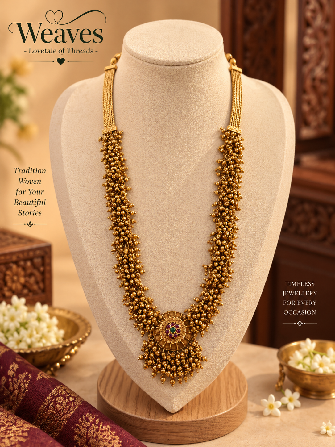 Gold-tone beaded statement necklace with a detailed pendant and colourful stone accents