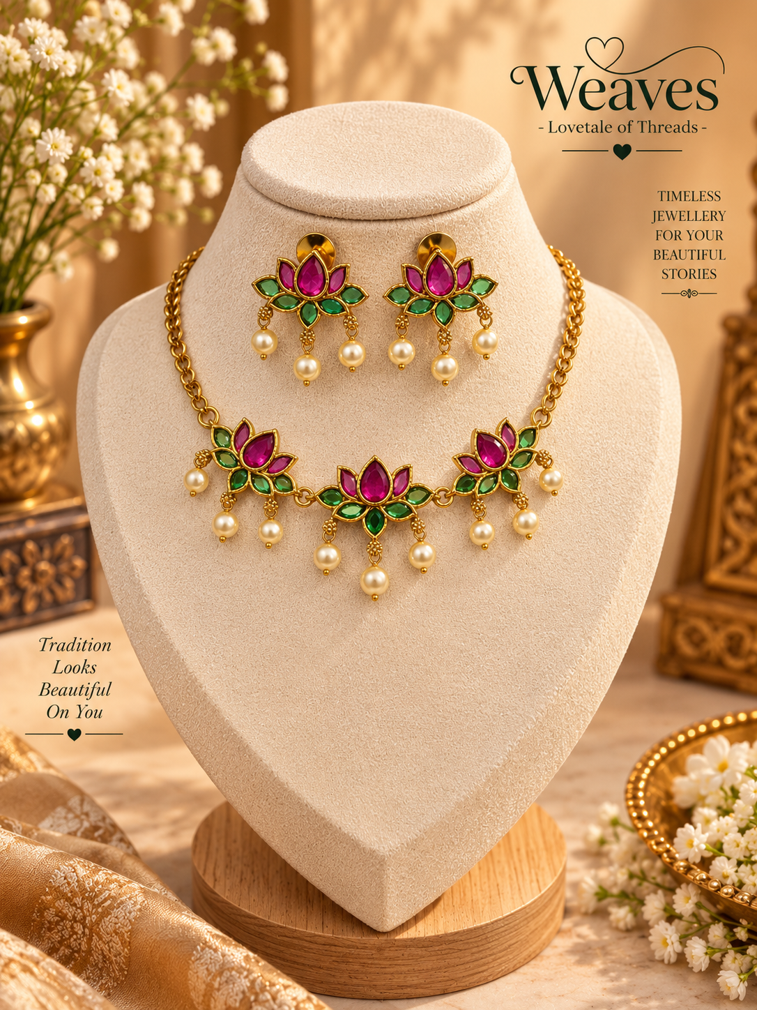 Pink floral necklace and matching earrings set with green leaf accents and pearl-like drops