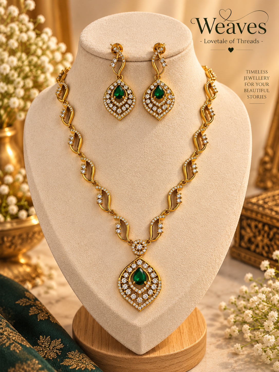 Gold-tone necklace and earring set with emerald green pear-cut stones
