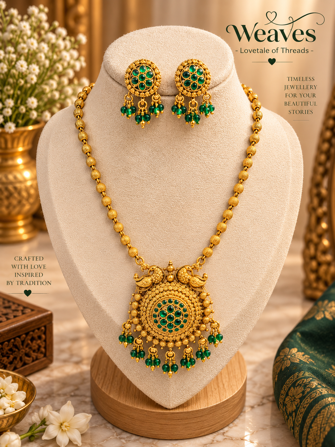Antique gold peacock necklace set with green stones and beads
