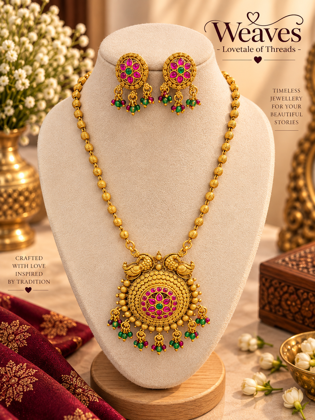 Antique gold peacock necklace set with multicolor pink and green stones