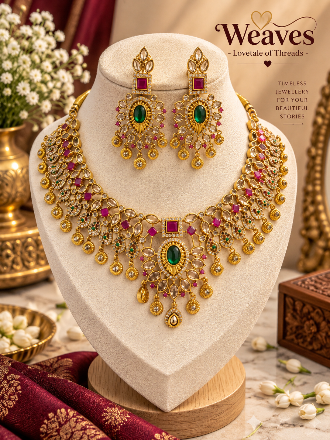 Antique gold bridal necklace set with pink and green kundan stones and matching earrings