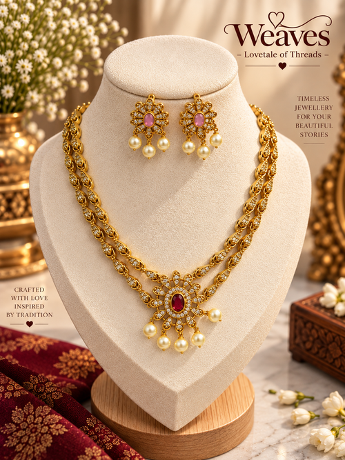 Two-layer antique gold necklace set with pink stone pendant and pearl drops