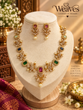 Victorian gold necklace set with multicolour navaratna stones, pearl accents, and matching earrings