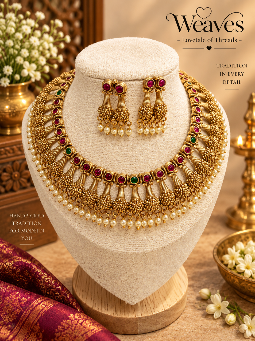 Antique gold temple choker with red kemp stones, green accents, pearl drops, and matching earrings