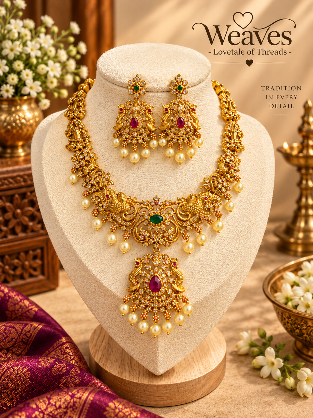 Antique gold peacock temple necklace set with green and red stones, pearl drops, and matching jhumka earrings