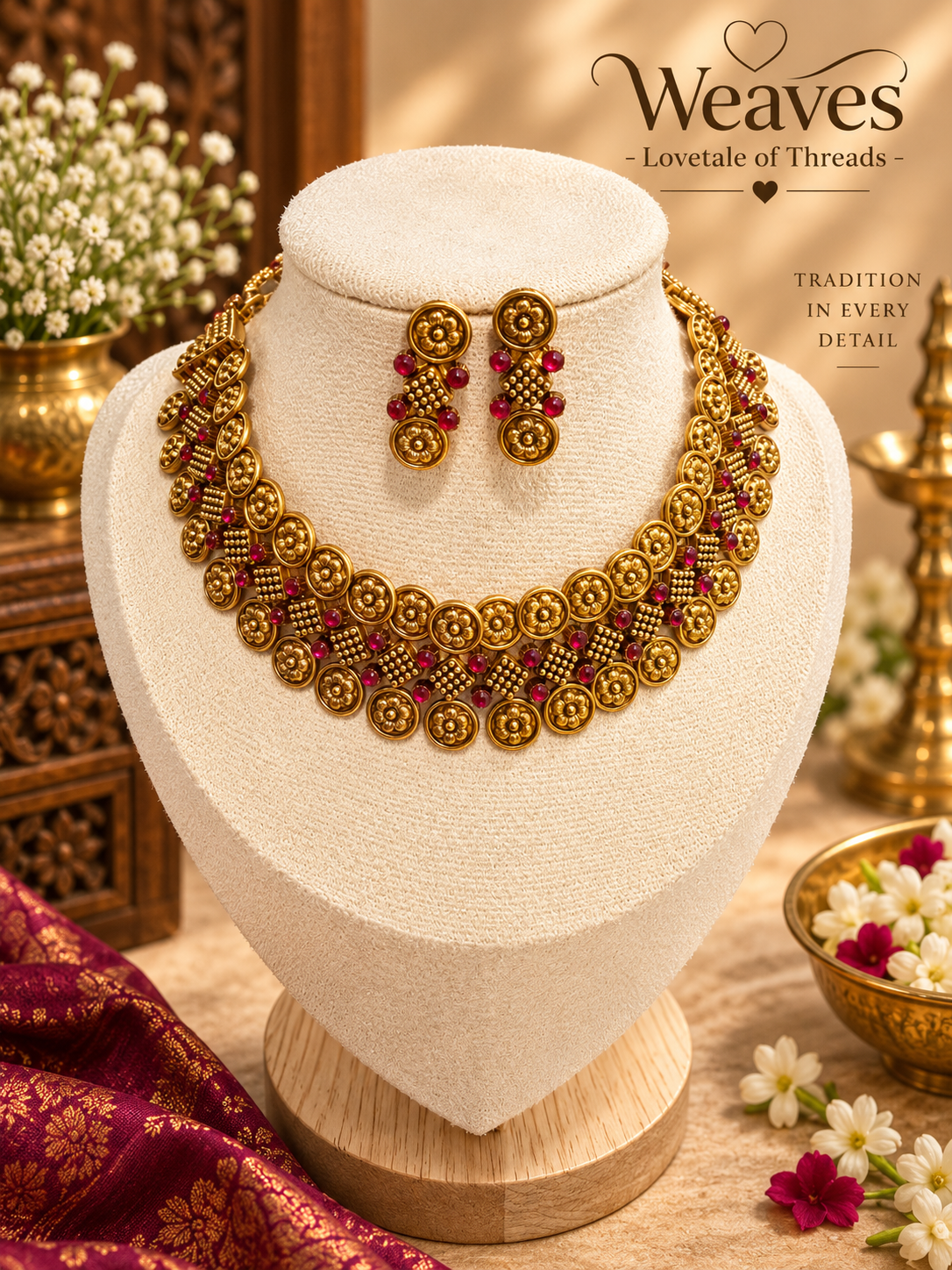 Antique gold floral coin choker necklace set with coloured bead accents and matching earrings