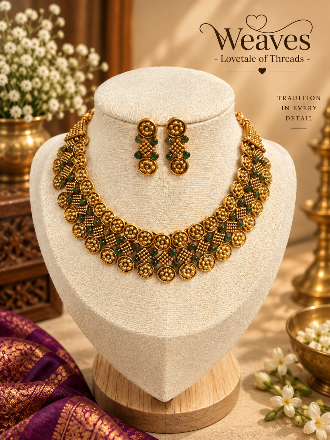 Antique gold floral coin choker necklace set with green bead accents and matching earrings