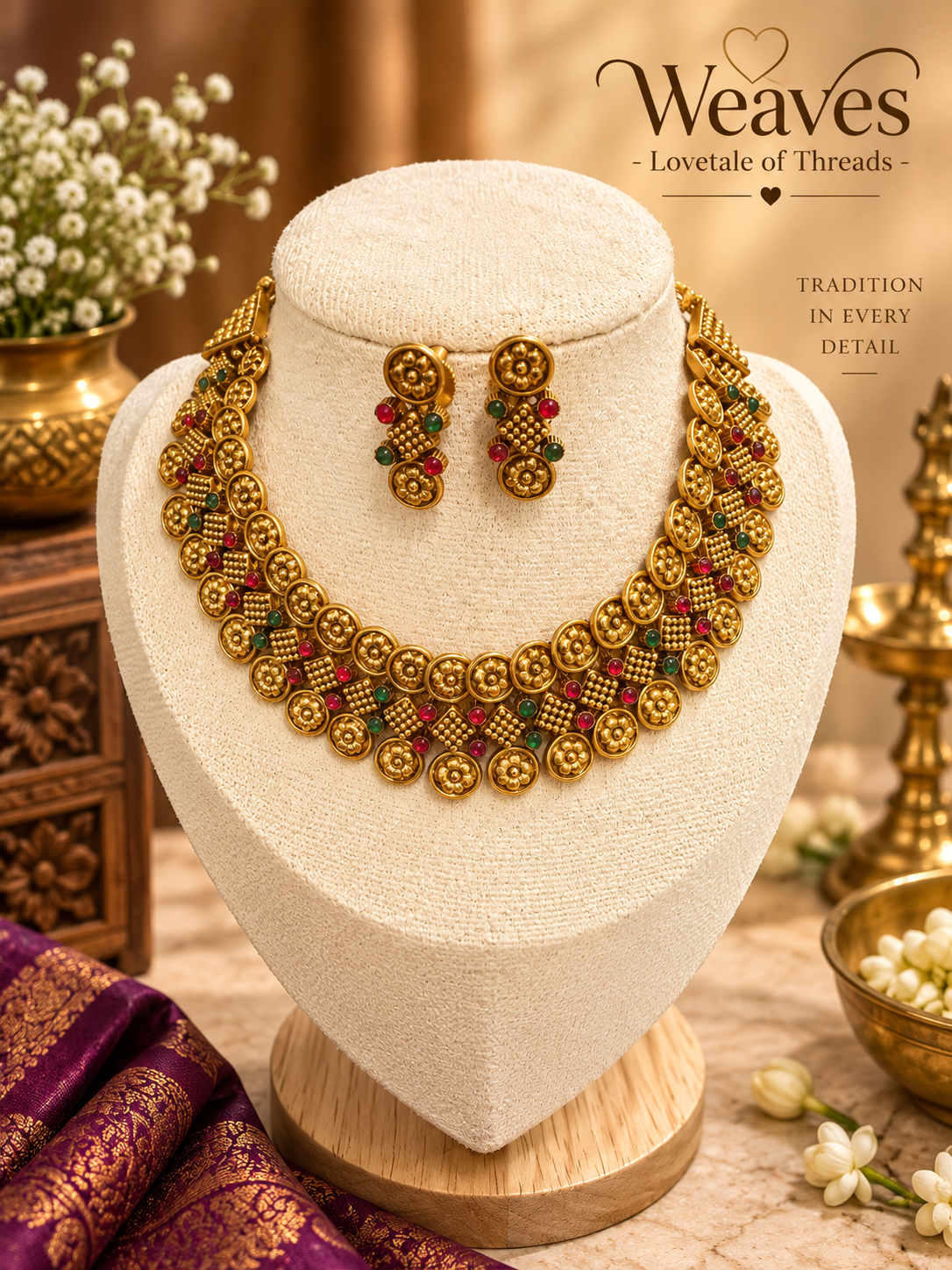 Antique gold floral coin choker necklace set with multicolour bead accents and matching earrings
