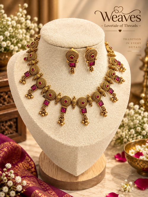 Antique gold disc necklace set with green square stones and gold bead drops