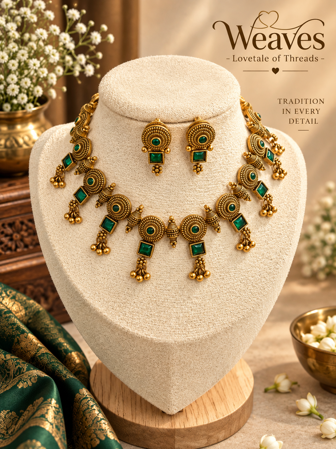 Antique gold disc necklace set with multicolour pink and green stones and gold bead drops