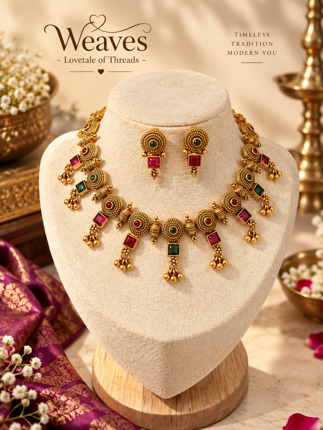 Antique gold disc necklace set with pink square stones and gold bead drops
