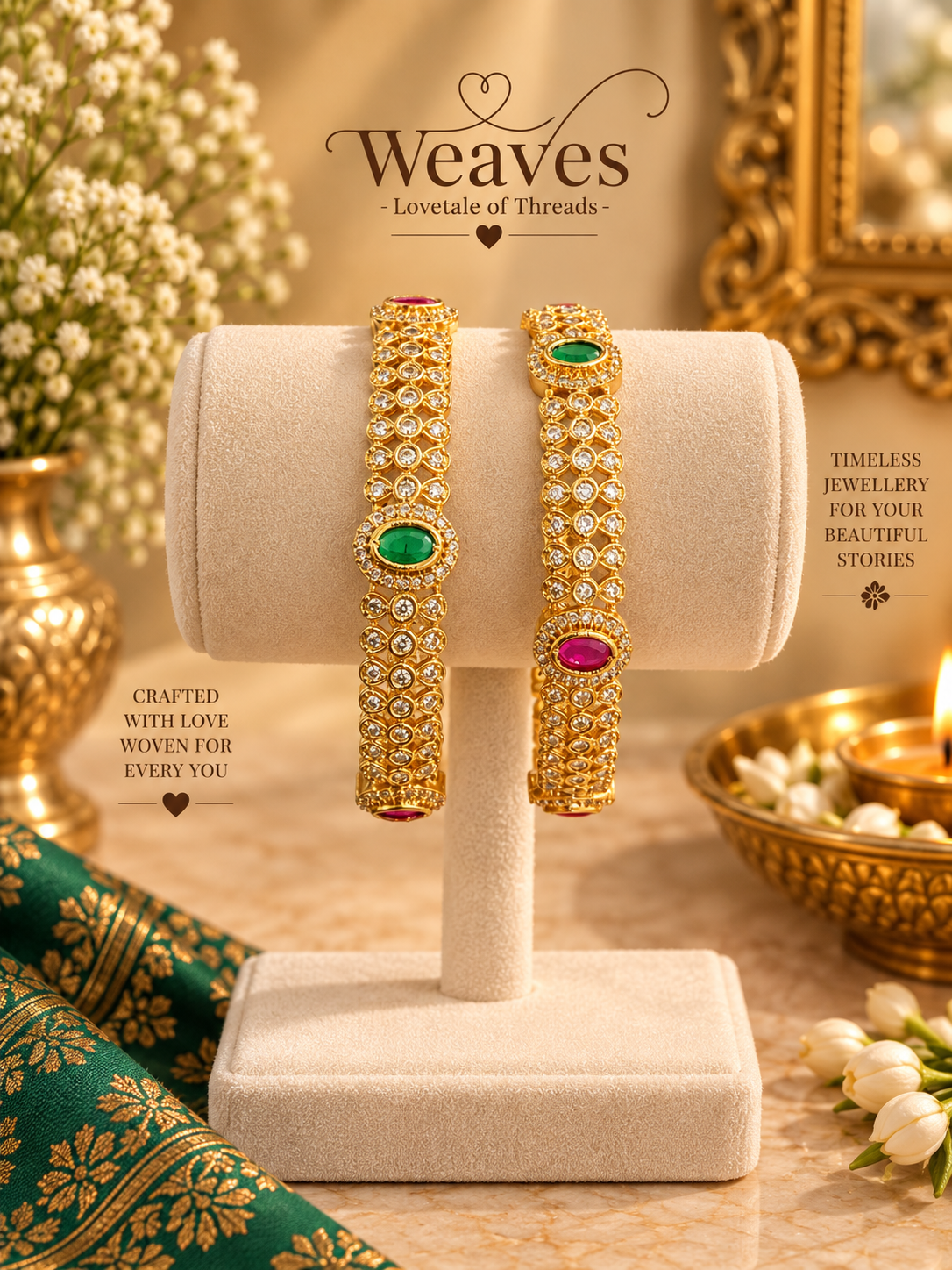 Pair of gold-tone bangles with white stone work and red and green oval stones