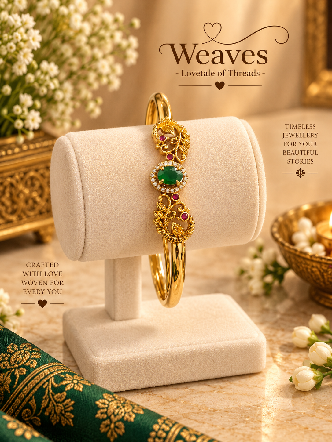 Gold-tone kada bangle with filigree peacocks, ruby accents, and emerald green centre stone