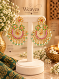 Gold-tone chandbali earrings with pink and green kemp stones, Lakshmi motif, and pearl and green bead drops
