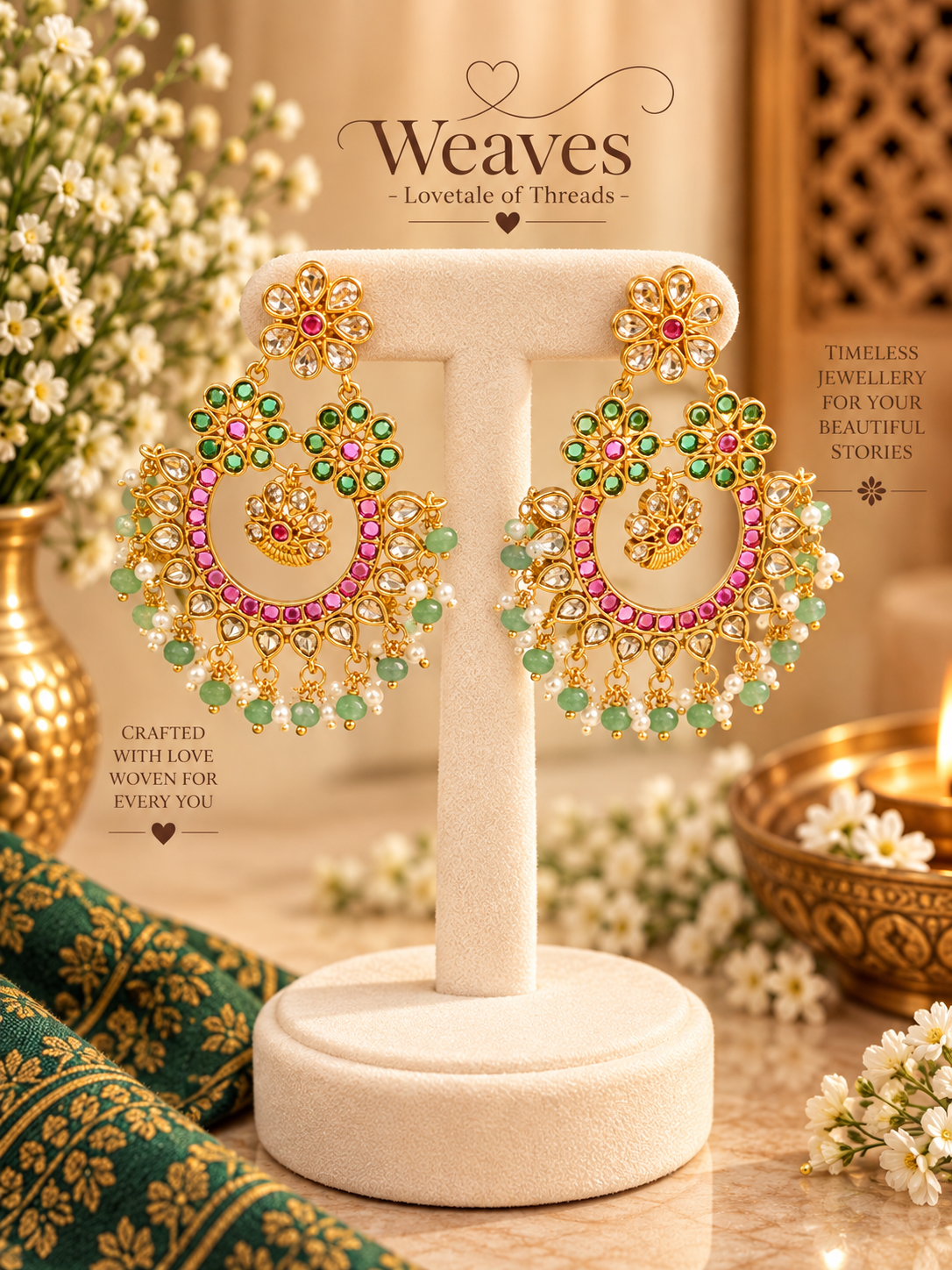 Gold-tone chandbali earrings with pink and green kemp stones, Lakshmi motif, and pearl and green bead drops
