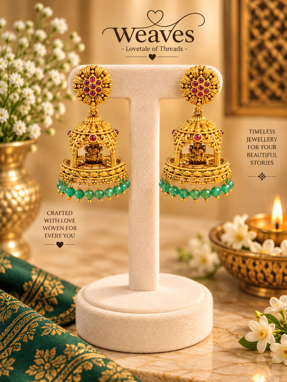 Antique gold Lakshmi temple jhumka earrings with red stone studs and green bead fringe