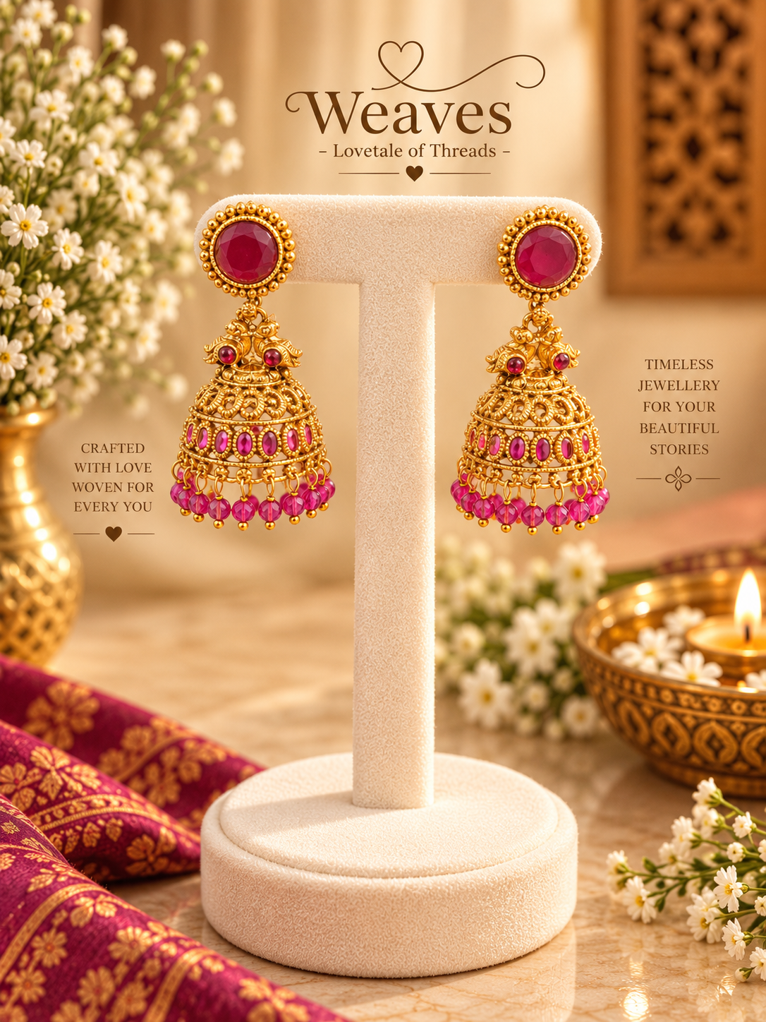 Antique gold dome jhumka earrings with pink stone stud and pink bead drops
