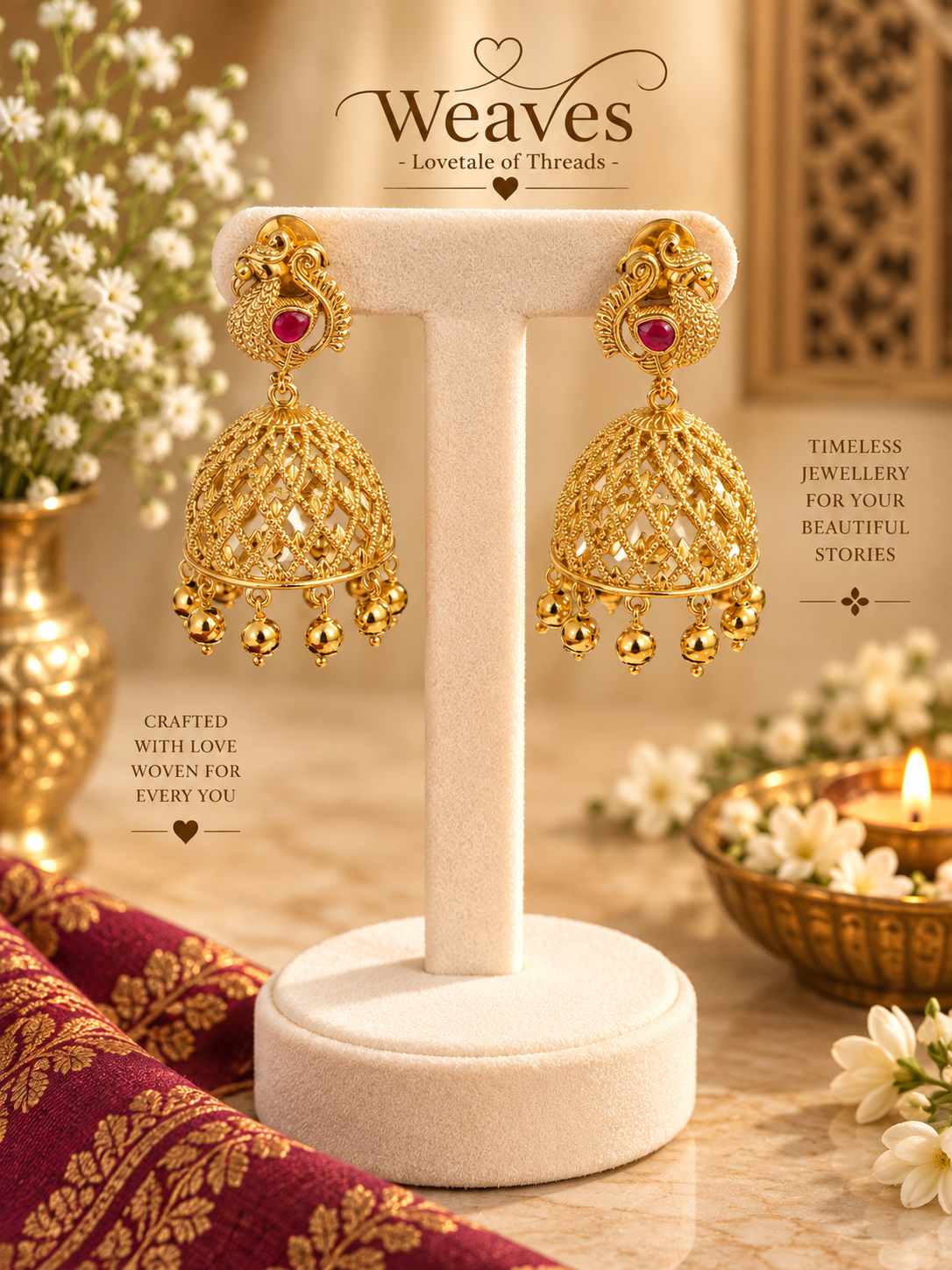 Gold filigree peacock jhumka earrings with red stone and gold ball drops