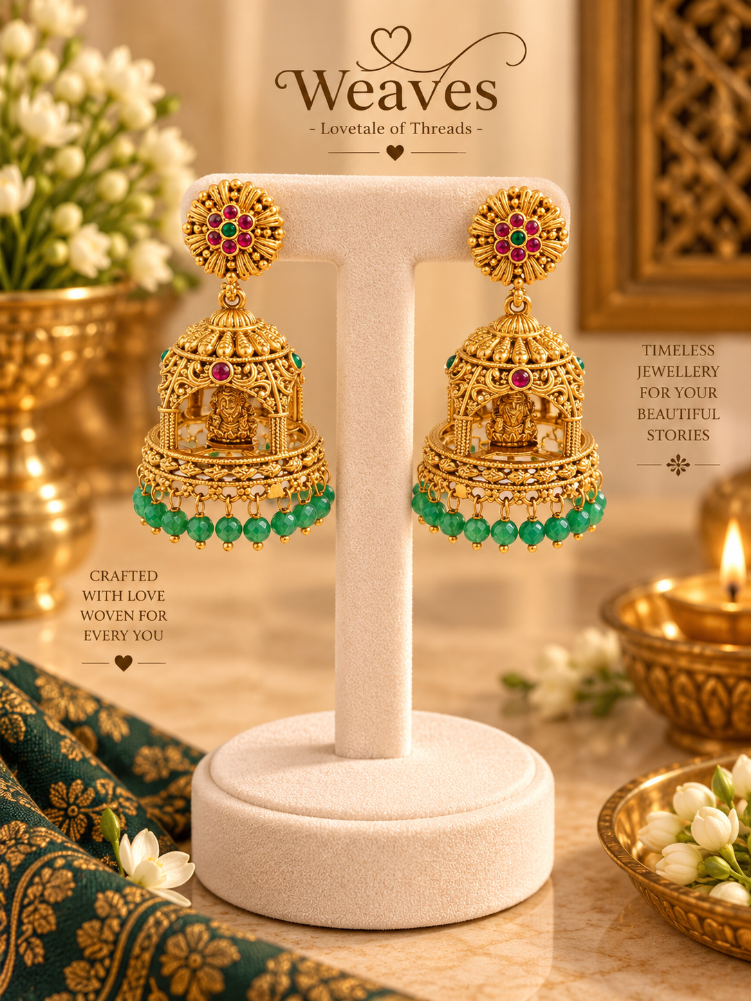Antique gold Lakshmi temple jhumka earrings with multicolour stones and green bead drops