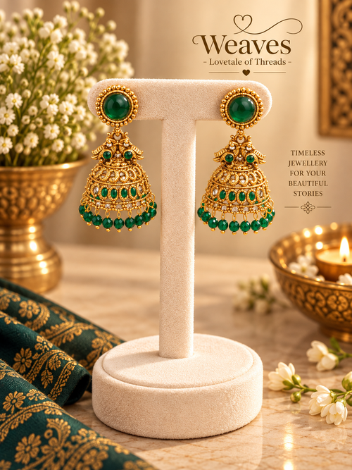 Antique gold dome jhumka earrings with white stone stud and pearl drops