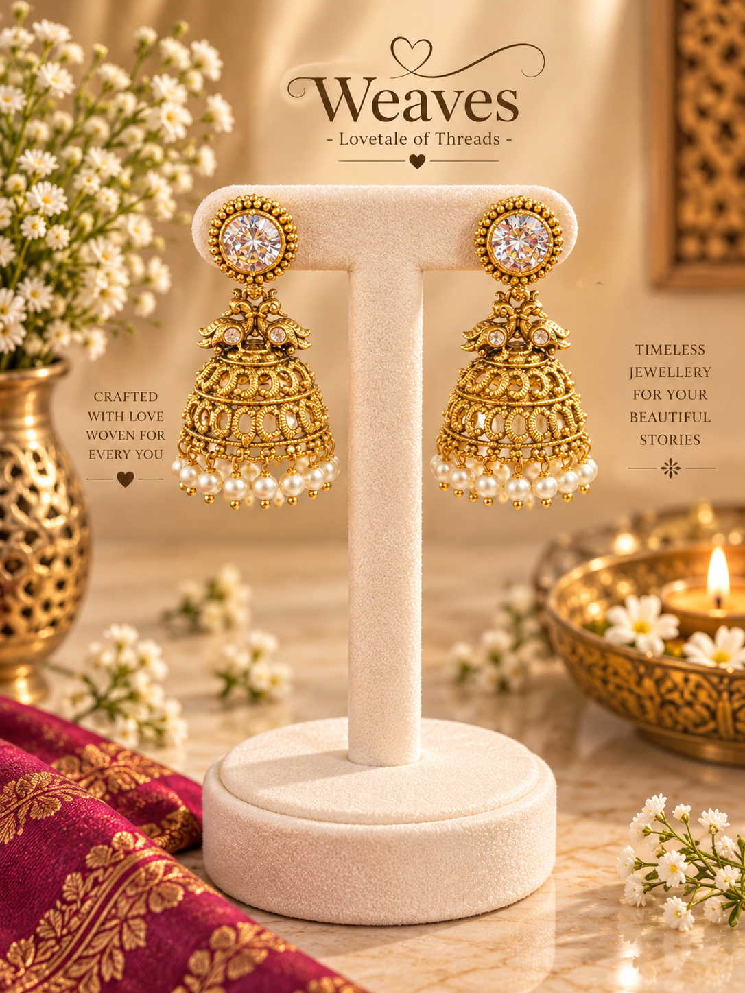Antique gold dome jhumka earrings with green stone stud and green bead drops