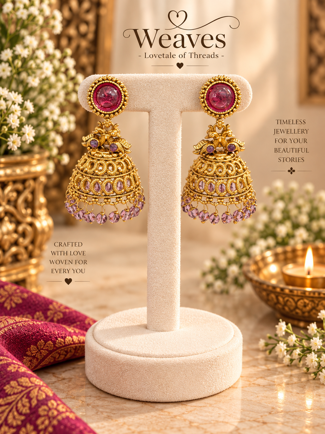 Antique gold dome jhumka earrings with lavender stone stud and lavender bead drops