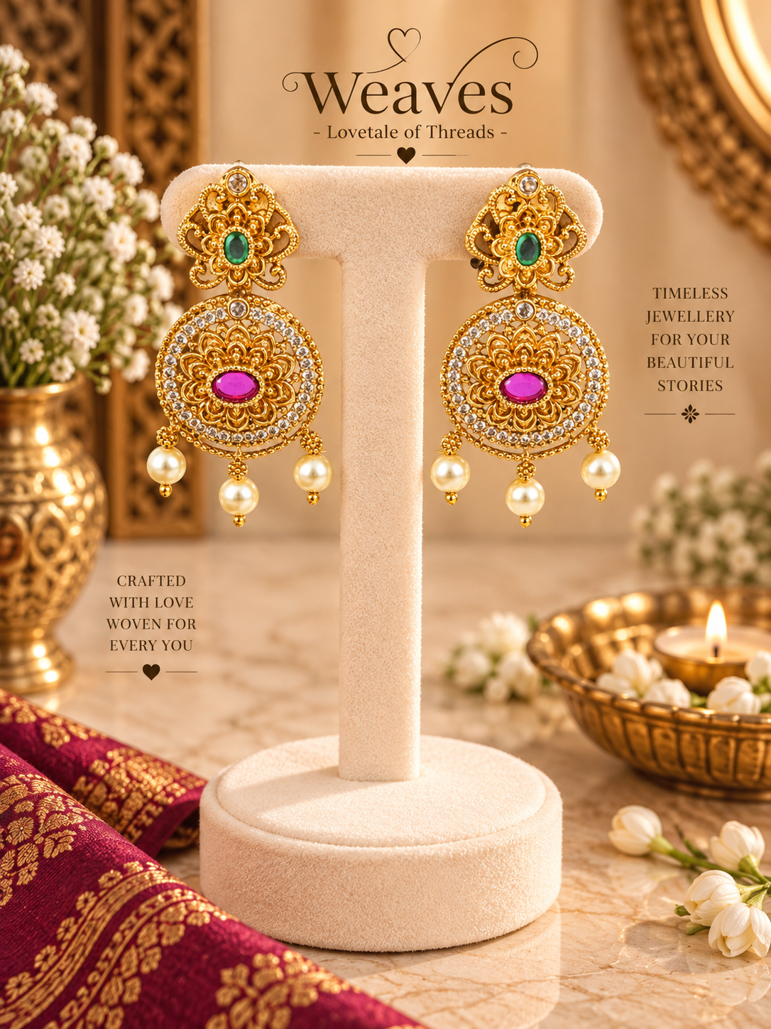 Antique gold floral chandbali earrings with pink and green stones and pearl drops