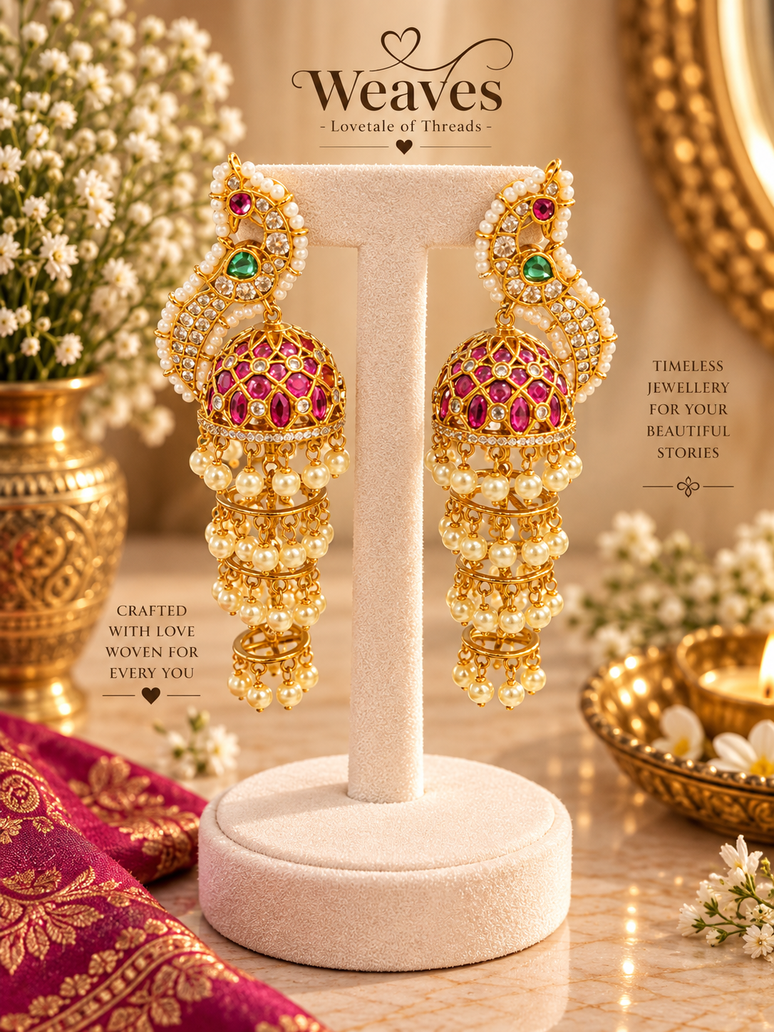 Gold jhumka earrings with ruby stones, white stone mango top, and layered pearl drops