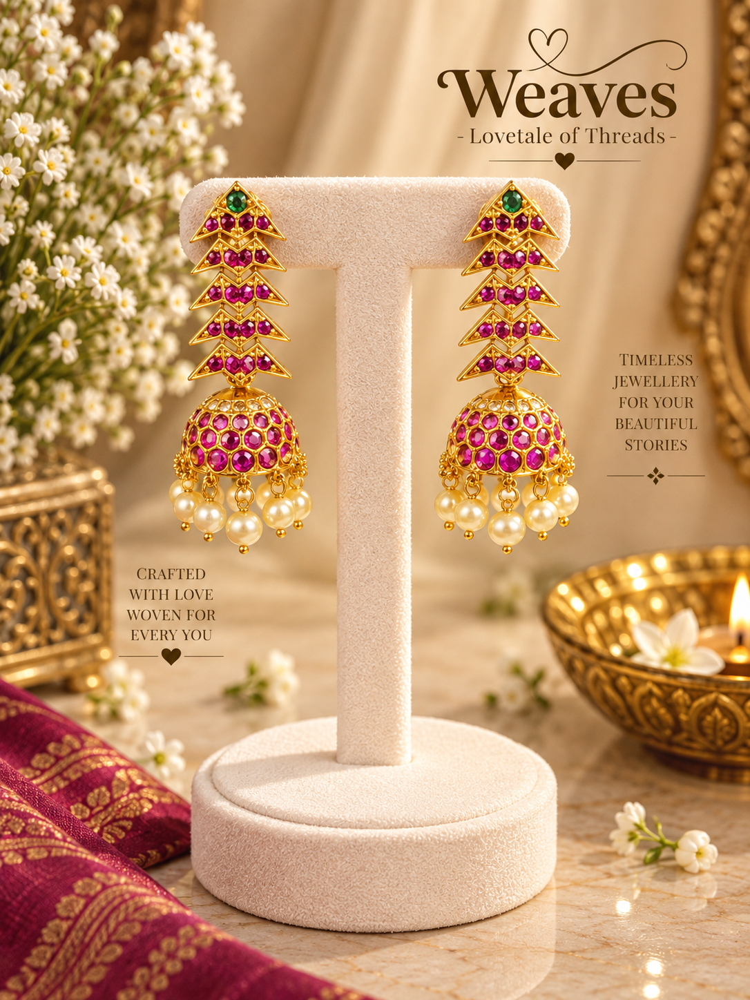 Gold chevron jhumka earrings with ruby-pink kemp stones and pearl drops